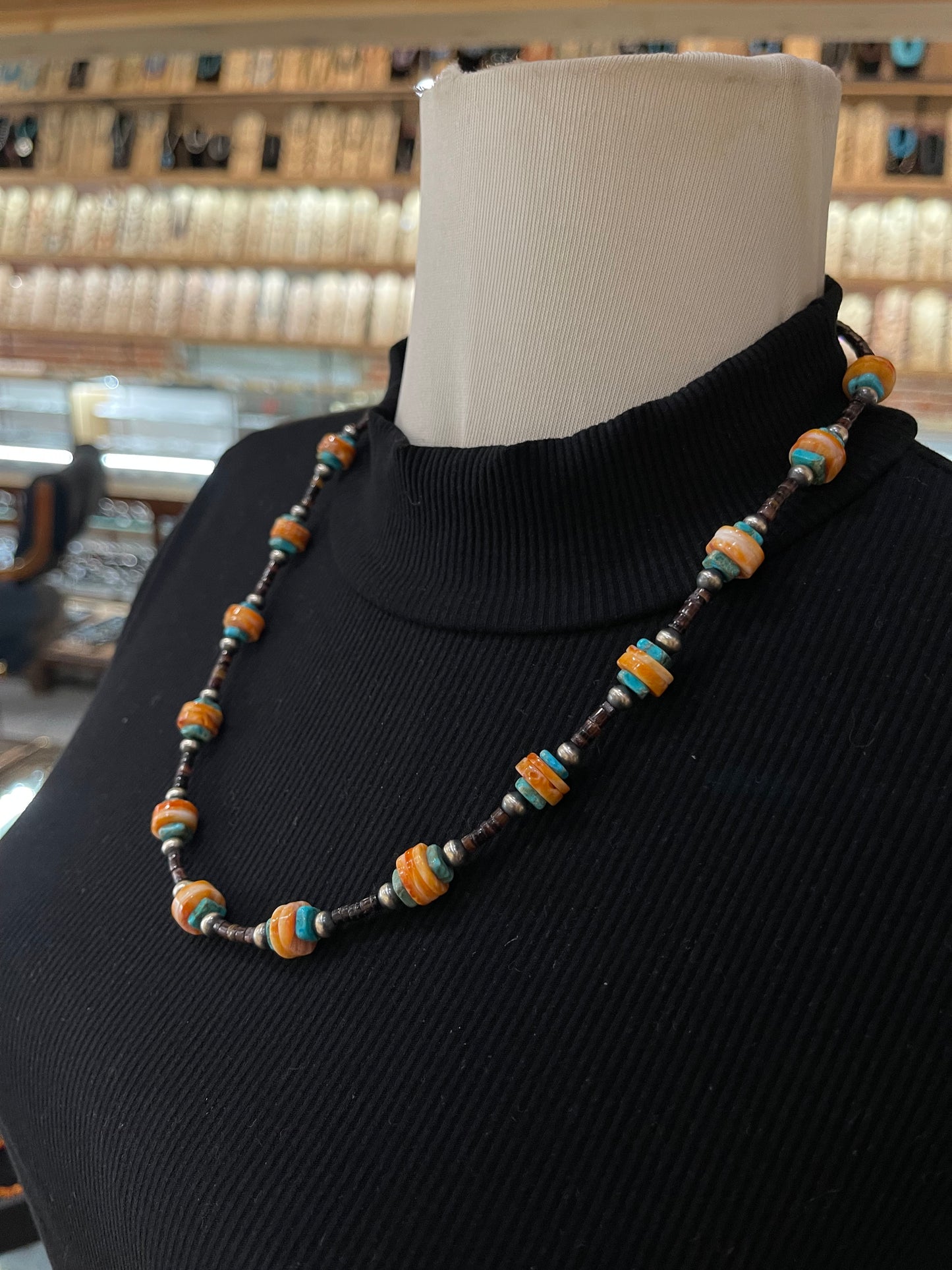23" Spiny Oyster Shell, Pin Shell, and Turquoise Necklace by Tammy Nolcott, Navajo