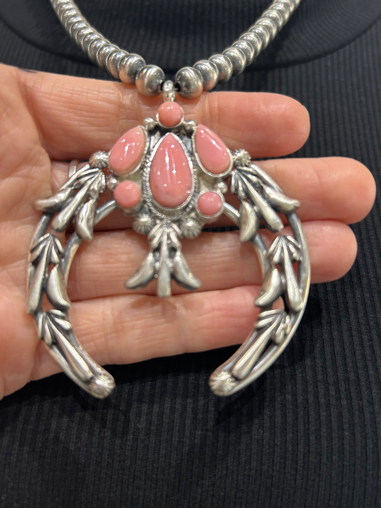 20" 7mm Navajo Style Pearls Necklace with Pink Conch Cluster Naja by Bobby Platero, Navajo