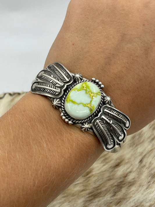 5 3/4"-7 3/4" Palomino Cuff with Feather by Daniel Benally, Navajo (Matrix Varies)