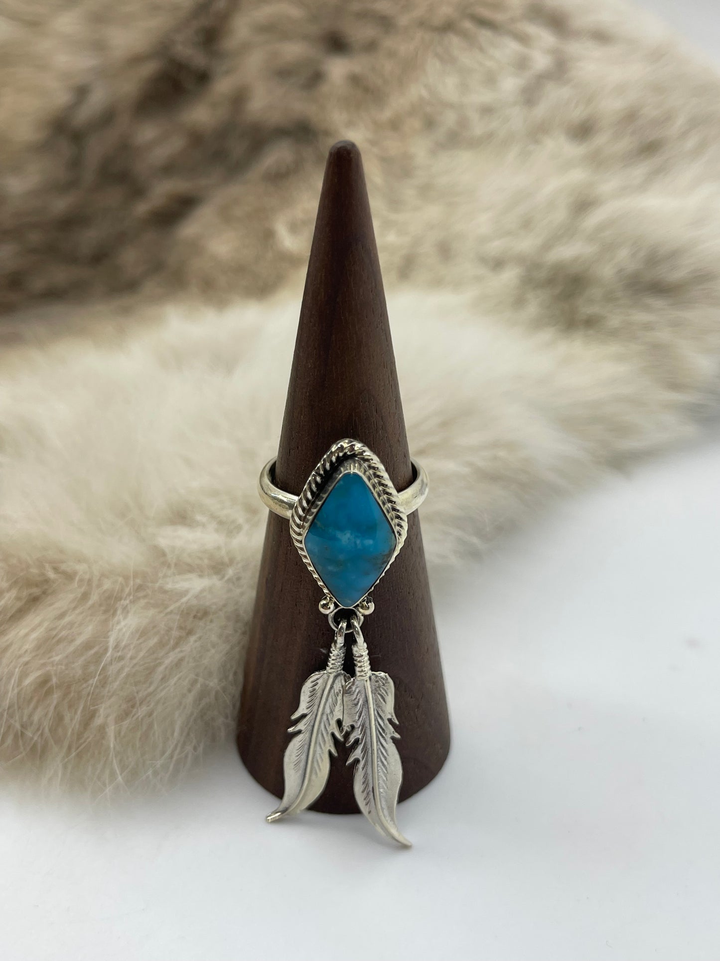 7.0 Turquoise Ring with Feathers by Jerome Lee, Navajo