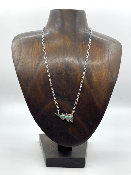 17" Lightning Bolt with 3 Turquoise Stones Necklace by Sonyei Coho, Navajo