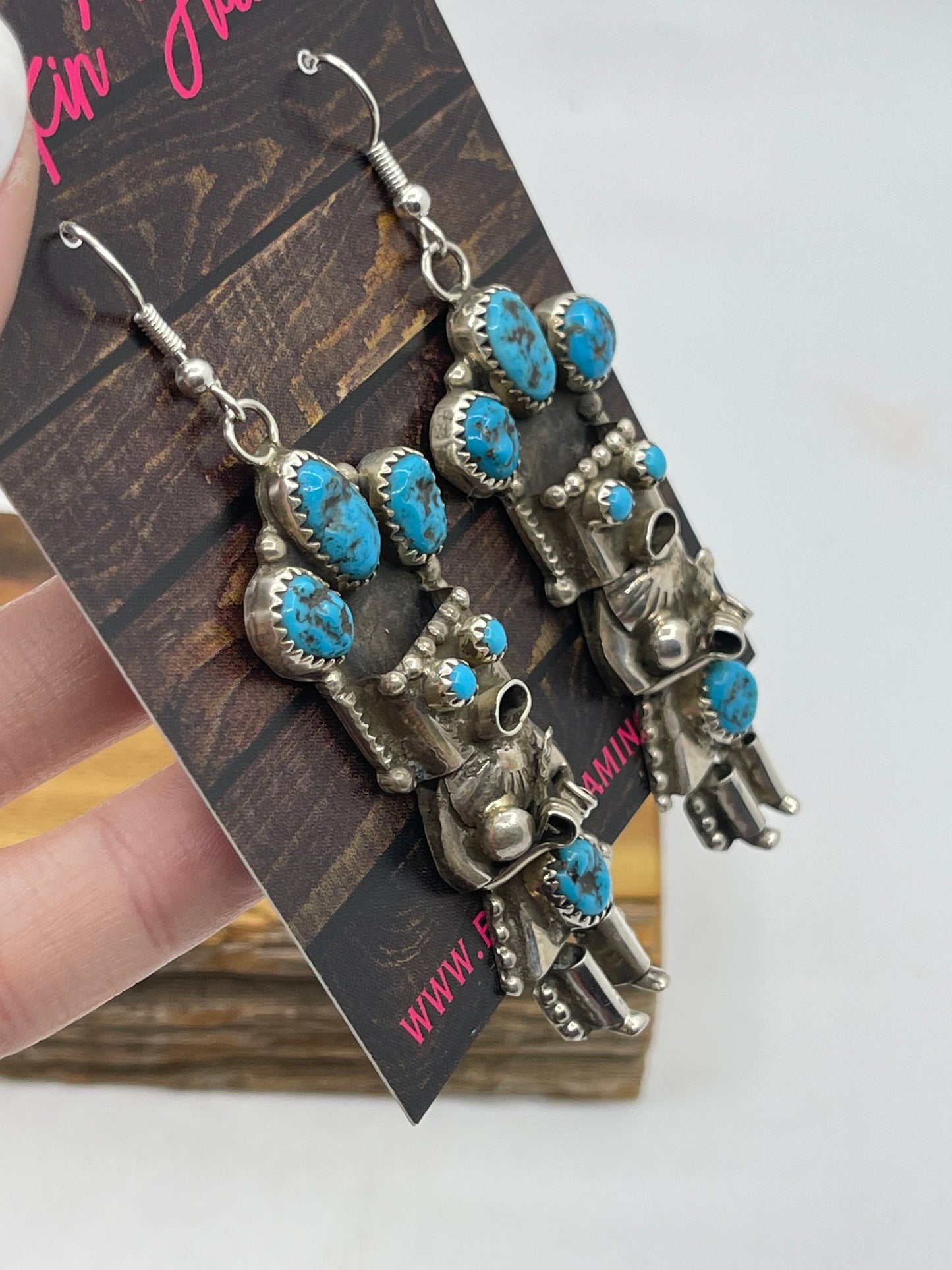 Kingman Turquoise Kachina Dangle Earrings by Doris Smallcany, Navajo