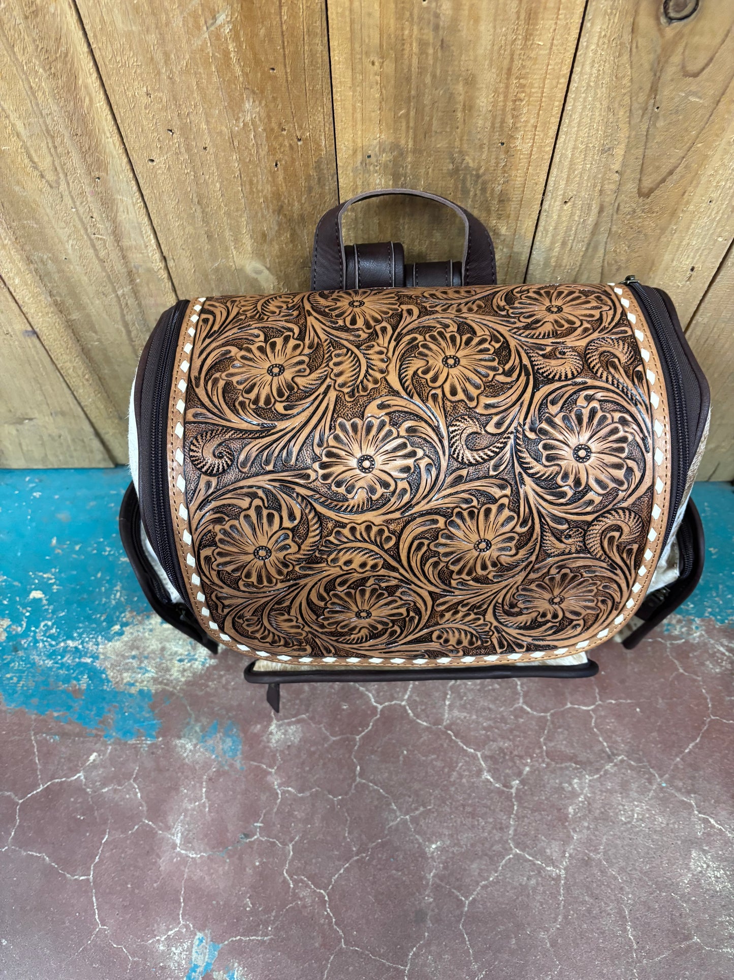 Version 2 Brown and White Cowhide Flower Tooled Leather Backpack