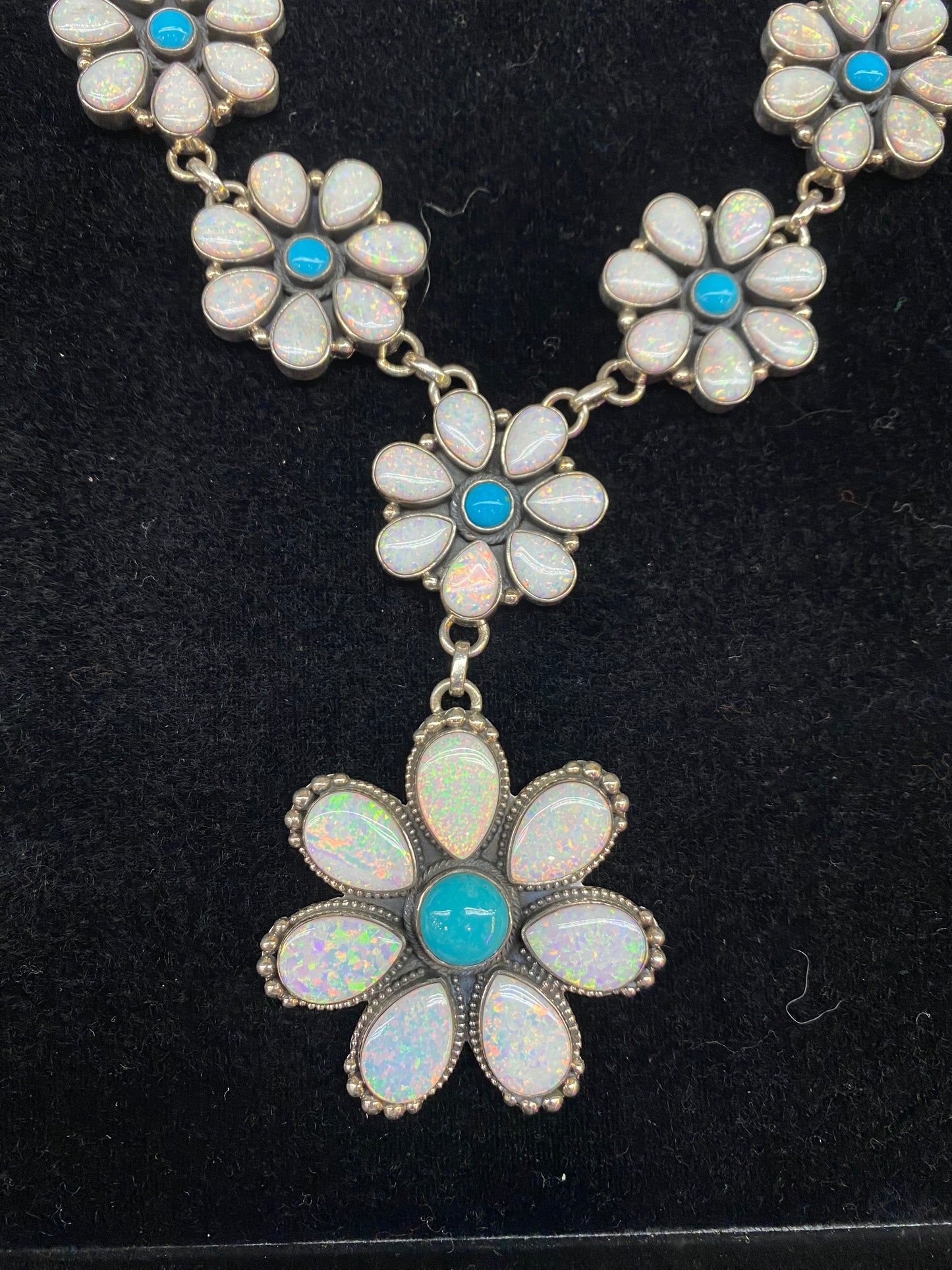 White Opal and Sleeping Beauty Turquoise Flower Lariat