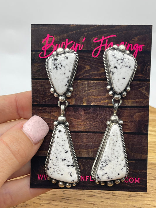 2 Stone White Buffalo Post Dangle Earrings by Elouise Kee, Navajo