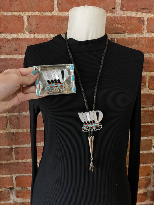 Inlay Bolo Tie and Belt Buckle Set by Michelle Peina, Zuni