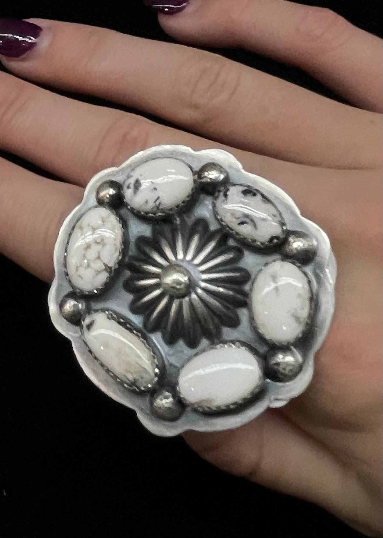 15mm Bale and 8.5 White Buffalo Pendant and Ring Set by Delbert Secatero, Navajo