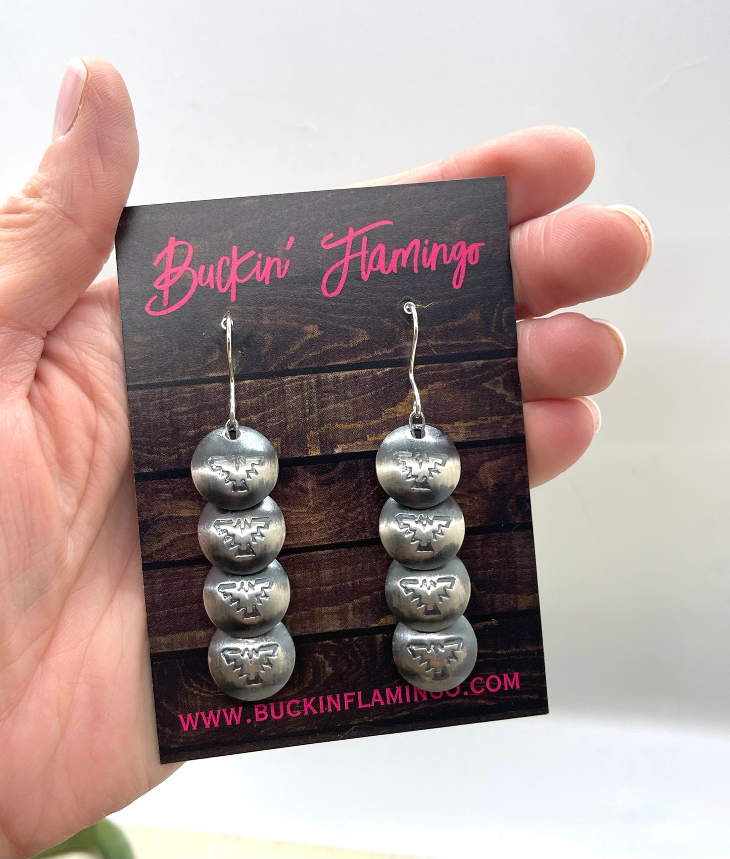 Stamped Pillowbead Dangle Earrings by Maryetta Daukei Kellywood, Navajo