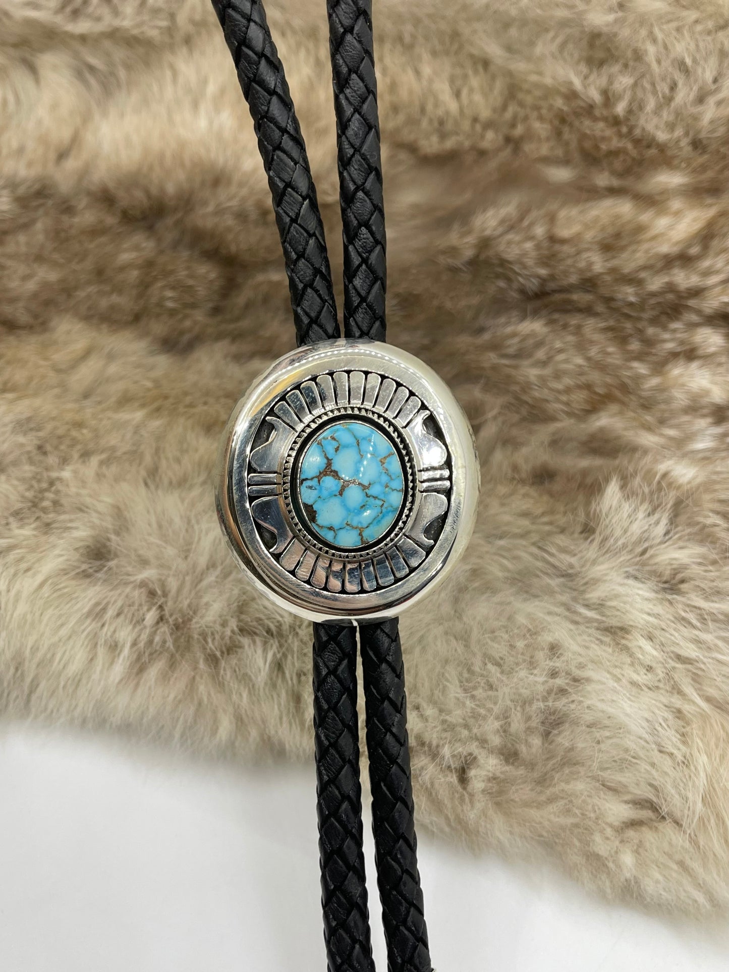 High Grade Kingman Spiderweb Turquoise Bolo by Leonard Nez, Navajo
