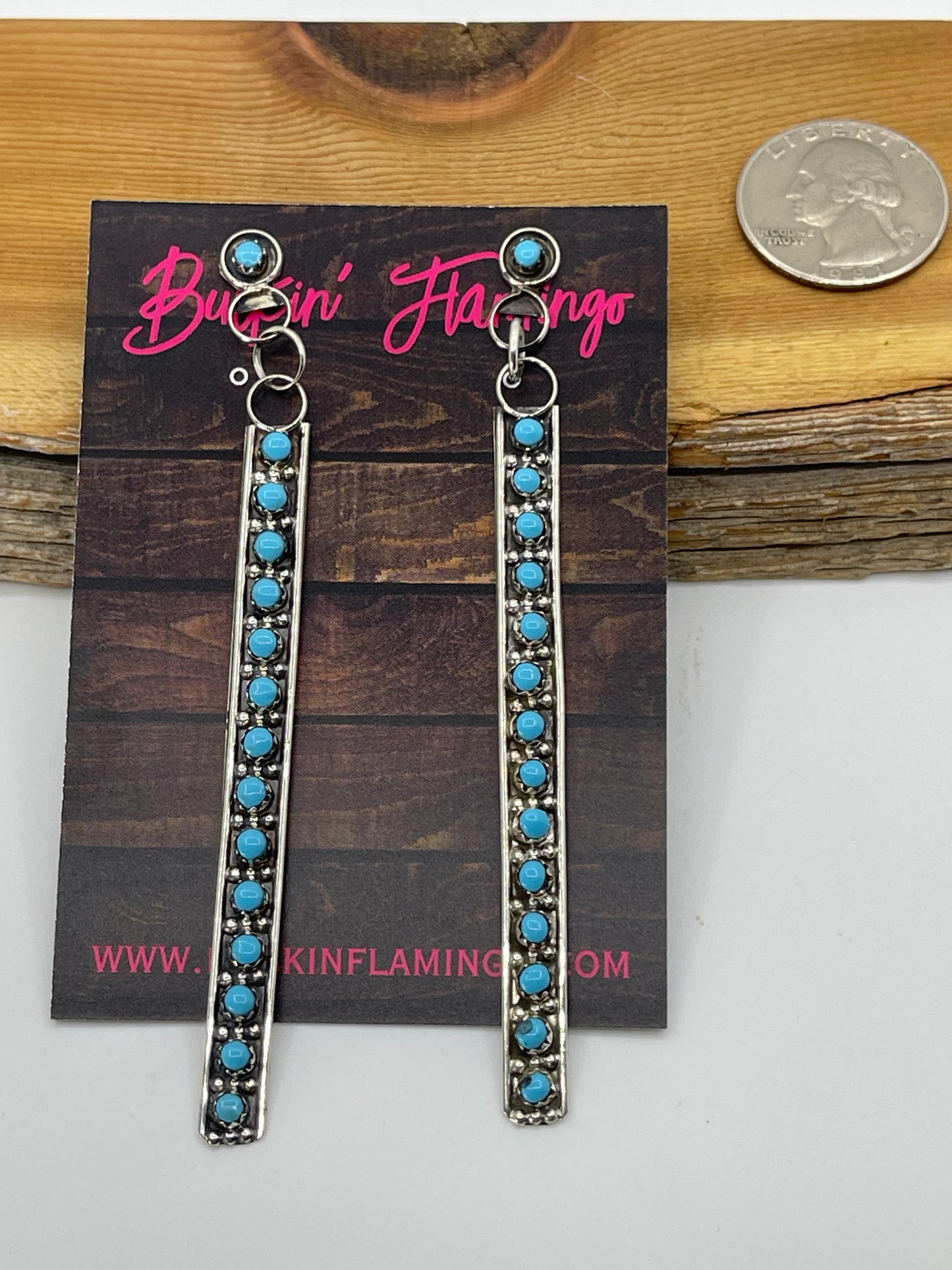 4" Turquoise Snake Eye Post Dangle Earrings by Joan Cheama, Zuni