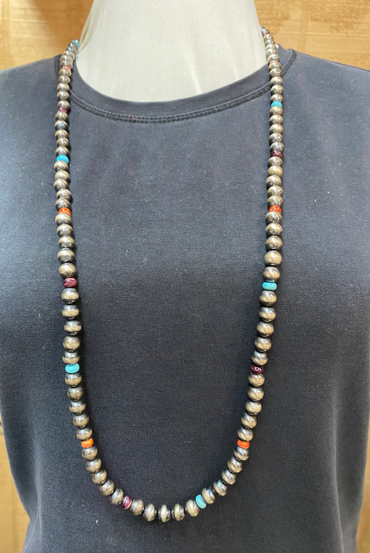 36" 8mm Navajo Pearls with Spiny Oyster Shell and Turquoise Beads