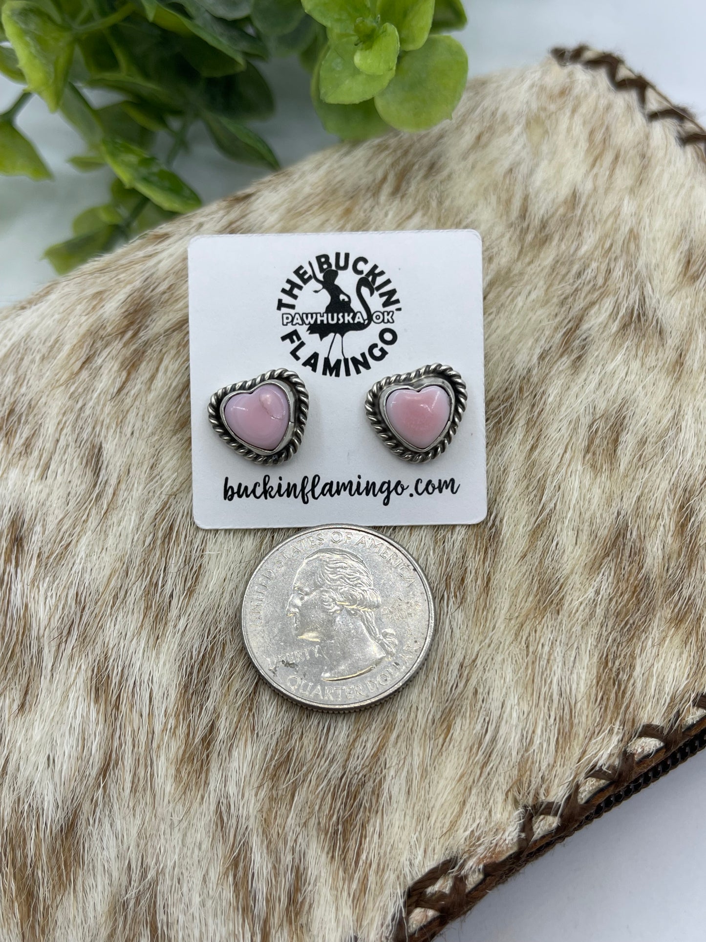 Pink Conch Heart Post Earrings by Larson Chee, Navajo