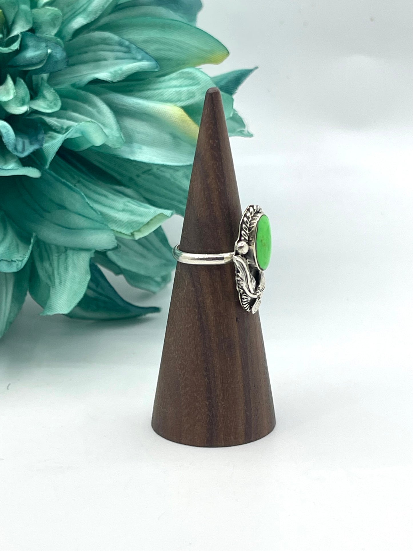 7.0 (Semi-Adjustable) Green Pixie Turquoise Ring by Gwendolyn Burnside, Navajo