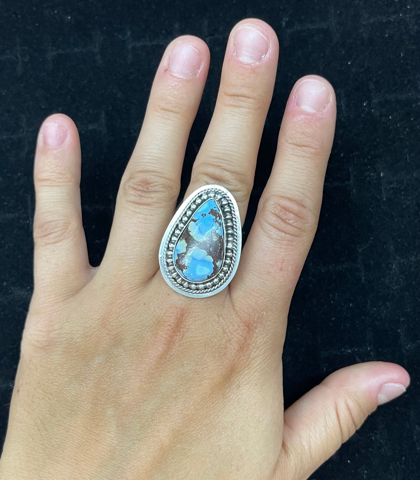 6.5 Golden Hills Turquoise Teardrop Ring by J. Piaso Jr., Navajo