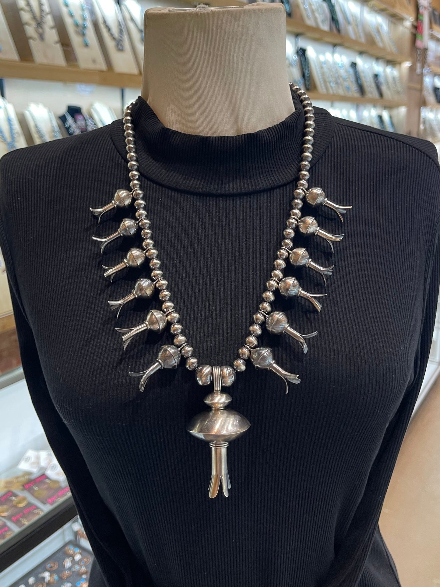 24" 7.5mm Navajo Style Pearls Squash Blossom Necklace