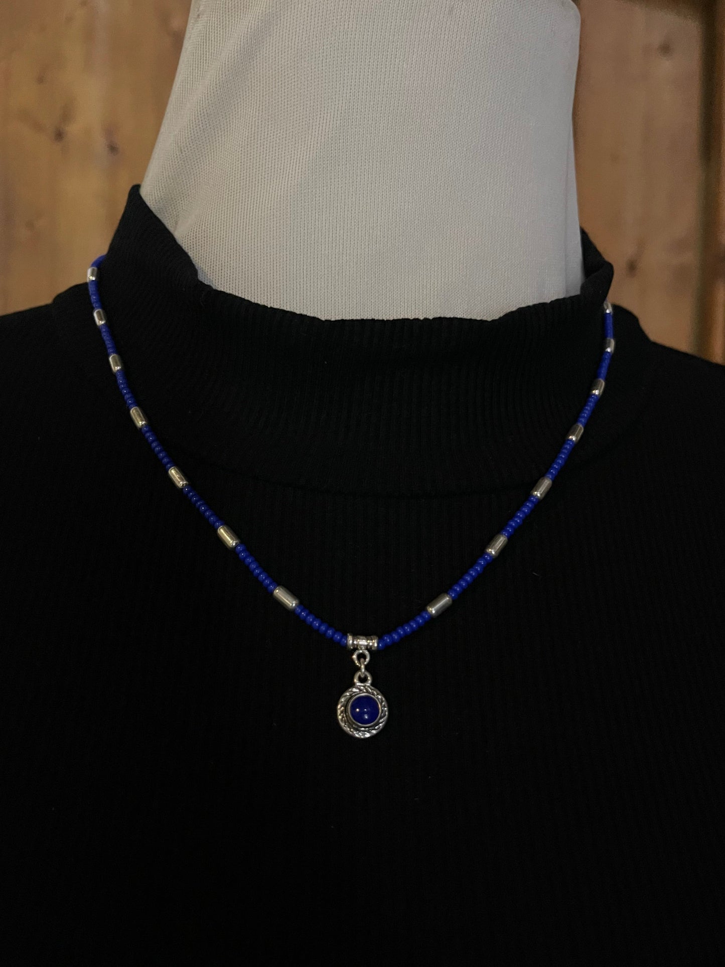 16" + 2" extender Blue Glass Seed Bead and Silver Pill Bead Necklace with Pendant