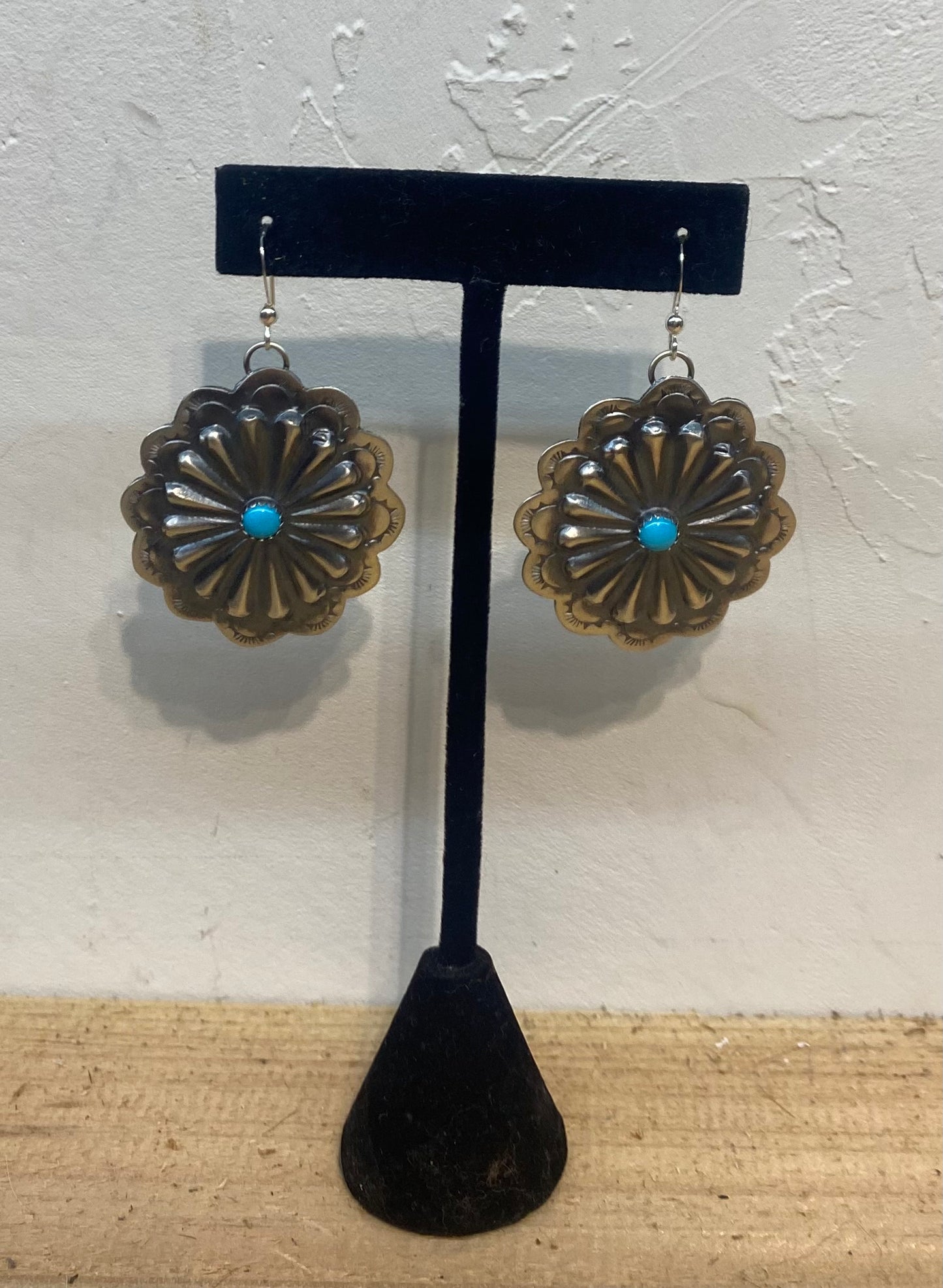 Hand Stamped Sterling Silver Concho with Sleeping Beauty Turquoise Dangle Earrings by Rita Daye