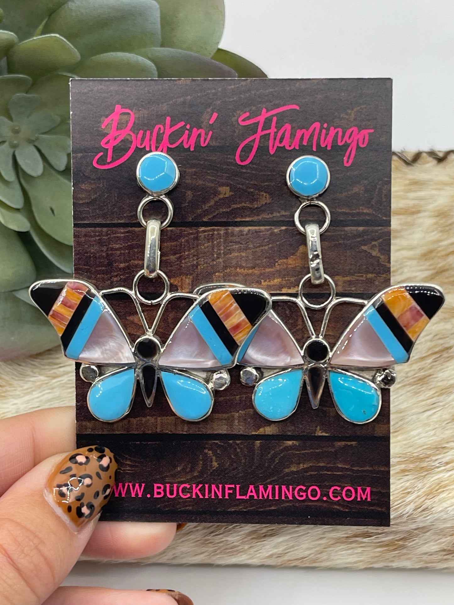 Mother of Pearl, Turquoise, Spiny Oyster, and Black Onyx Butterfly Post Dangle Earrings by Angus Ahiyite, Zuni