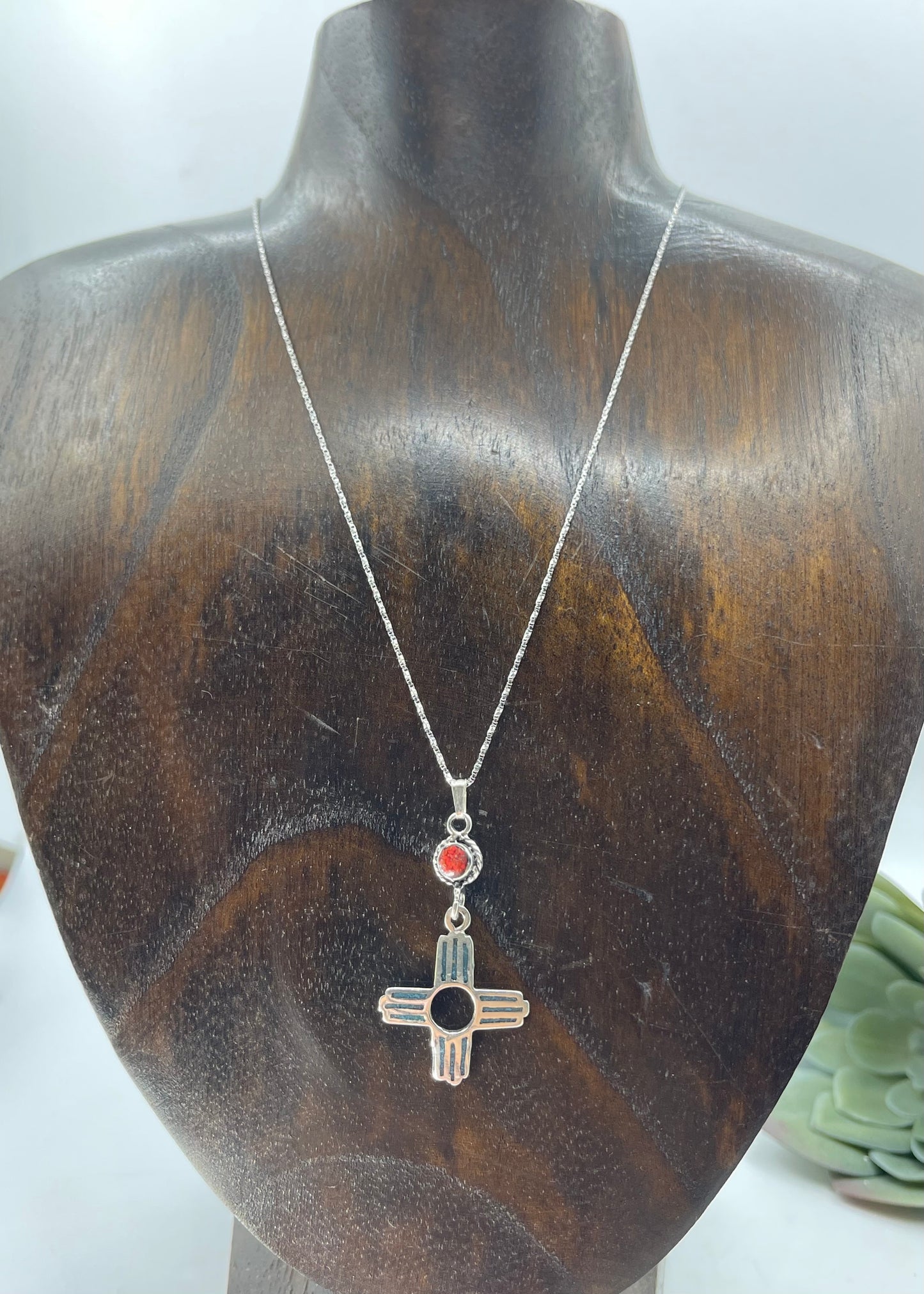 16" Chip Inlay Turquoise and Red Coral Stone and Zia Symbol Necklace