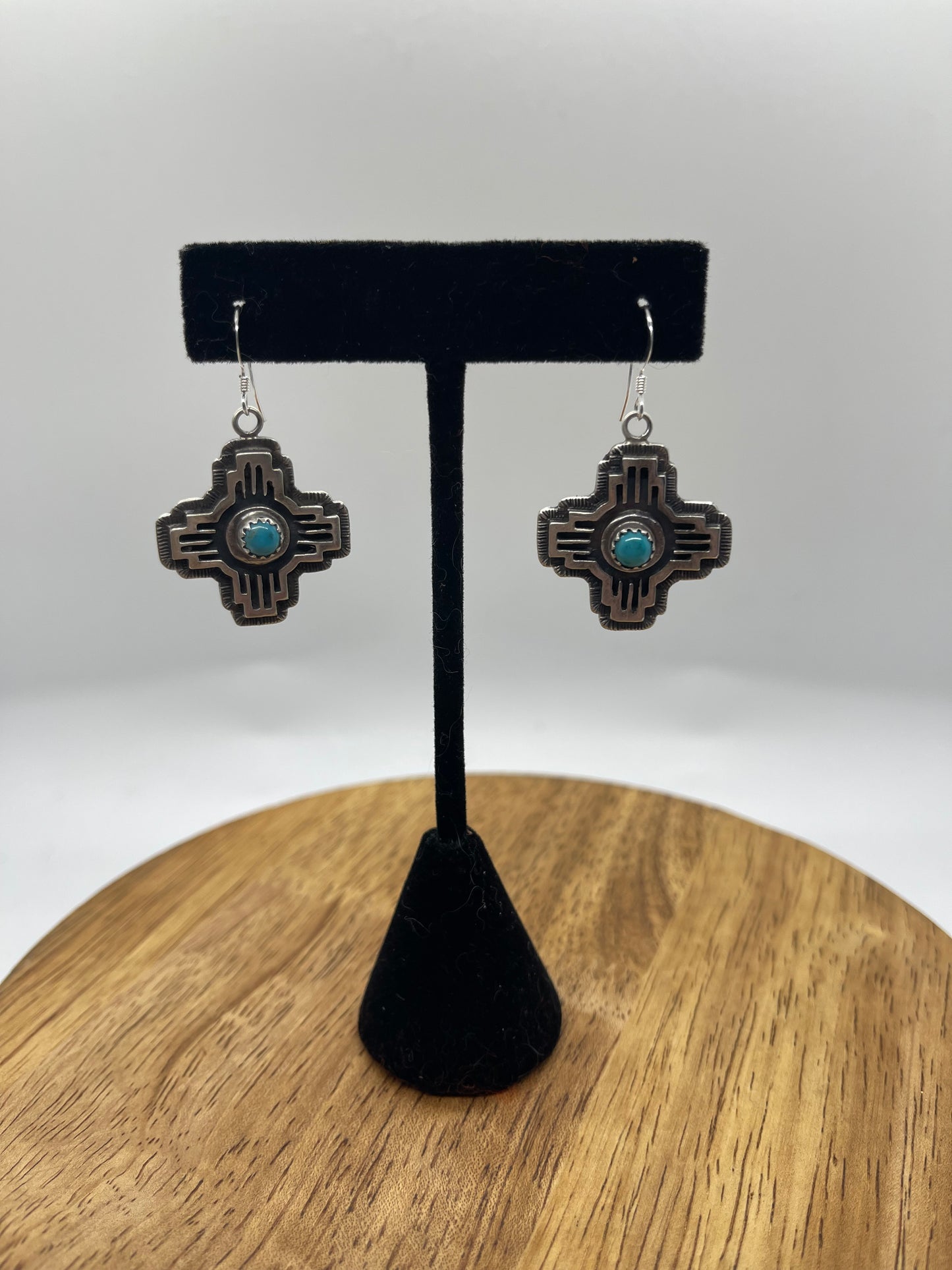 Turquoise Zia Symbol Silver Overlay Dangle Earrings by Kenny Lonjose, Navajo