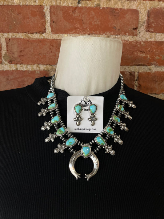 20" Small Sonoran Gold Turquoise Squash Blossom and Earrings Set by Adrienne Gordon, Navajo