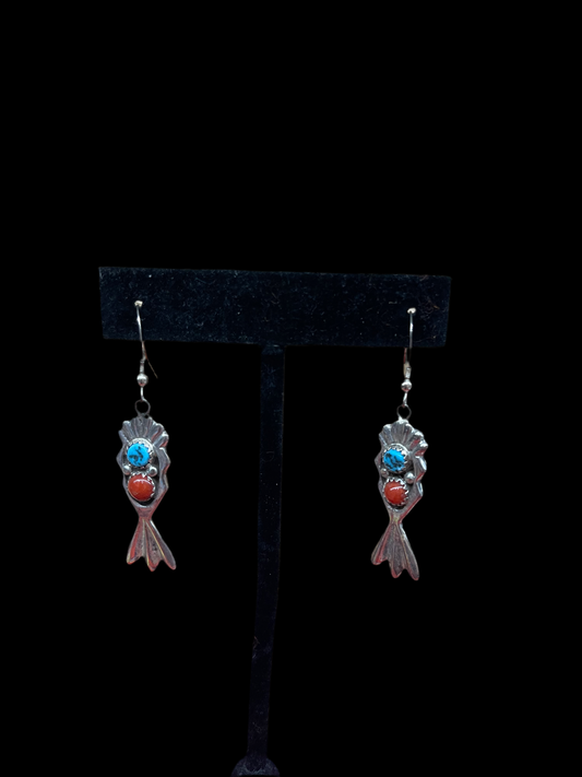 Kingman Turquoise and Red Coral Dangle Earrings