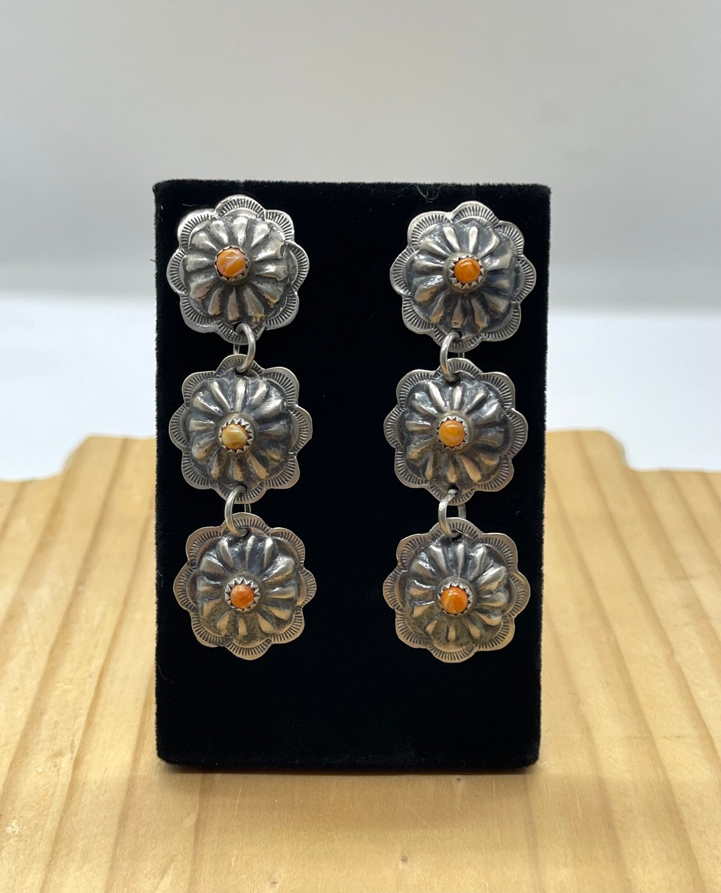 Orange Spiny Oyster Shell 3 Concho Post Dangle Earrings, Navajo