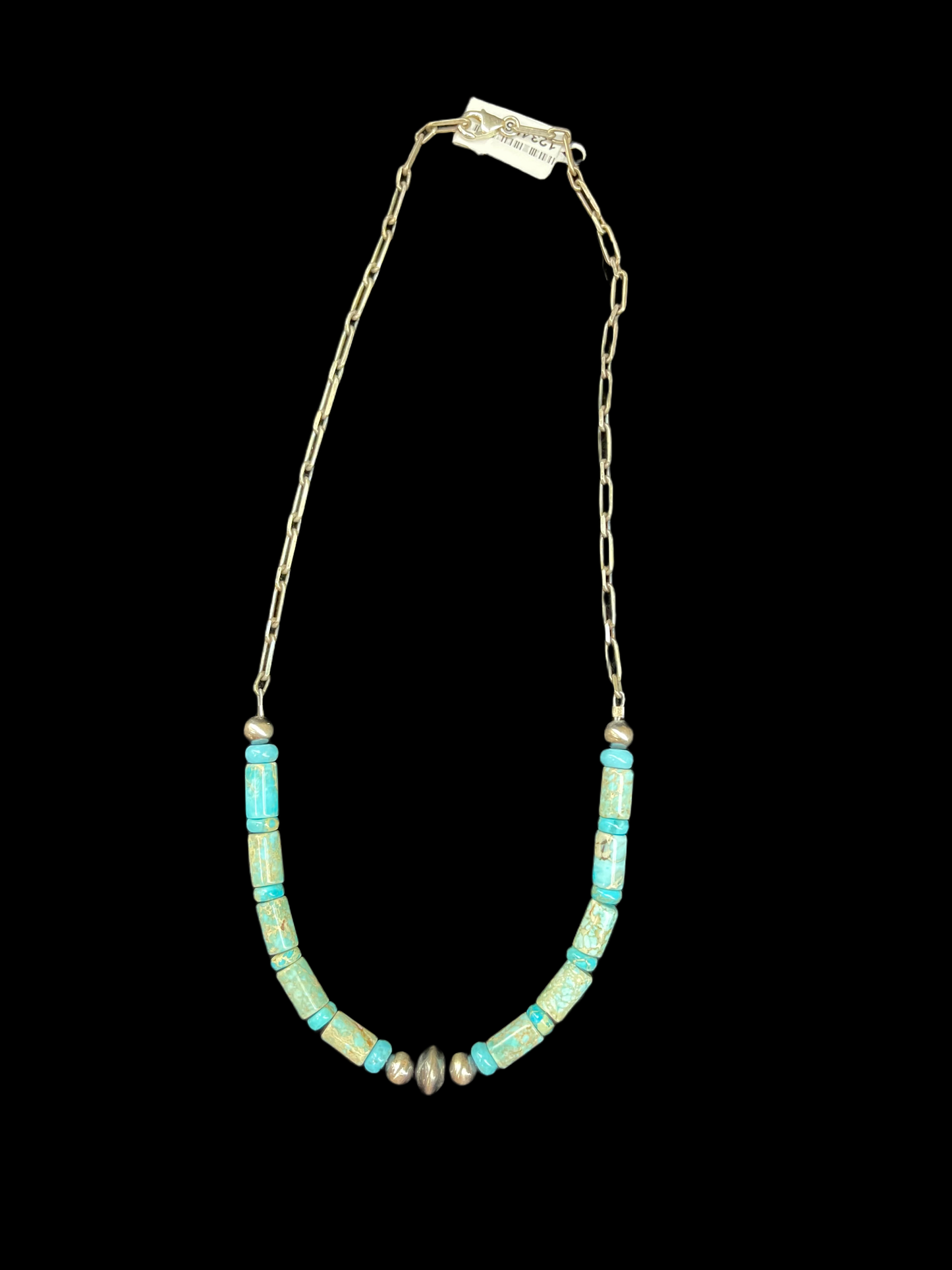 18" Turquoise Barrel and Round Bead Necklace with Navajo Pearls and Saucers