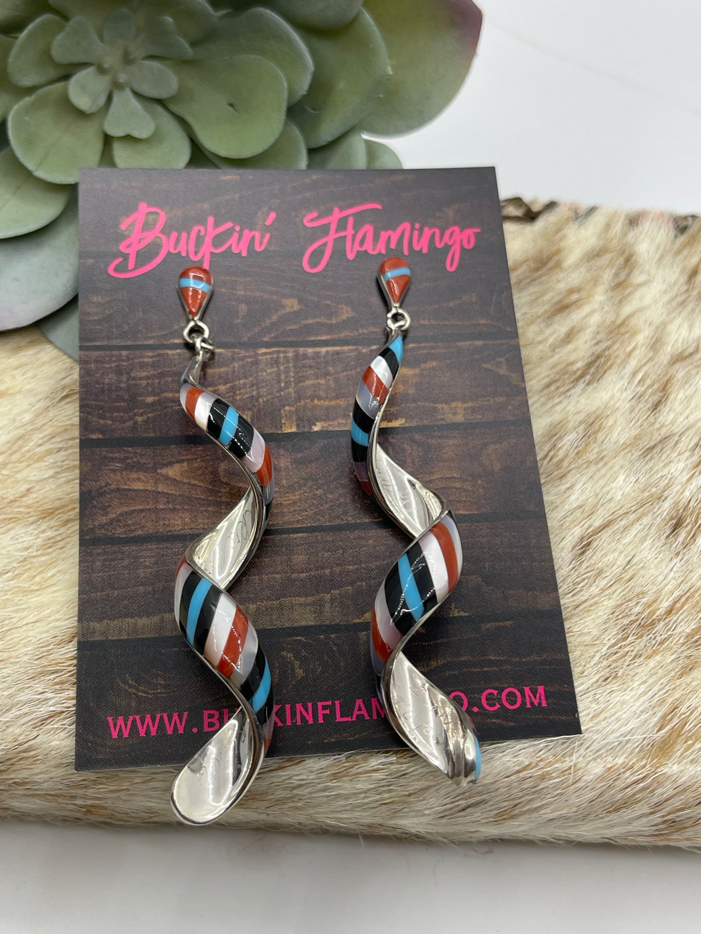3" Inlaid Spiral Post Dangle Earrings by  Pernell Idealla Edaakie, Zuni