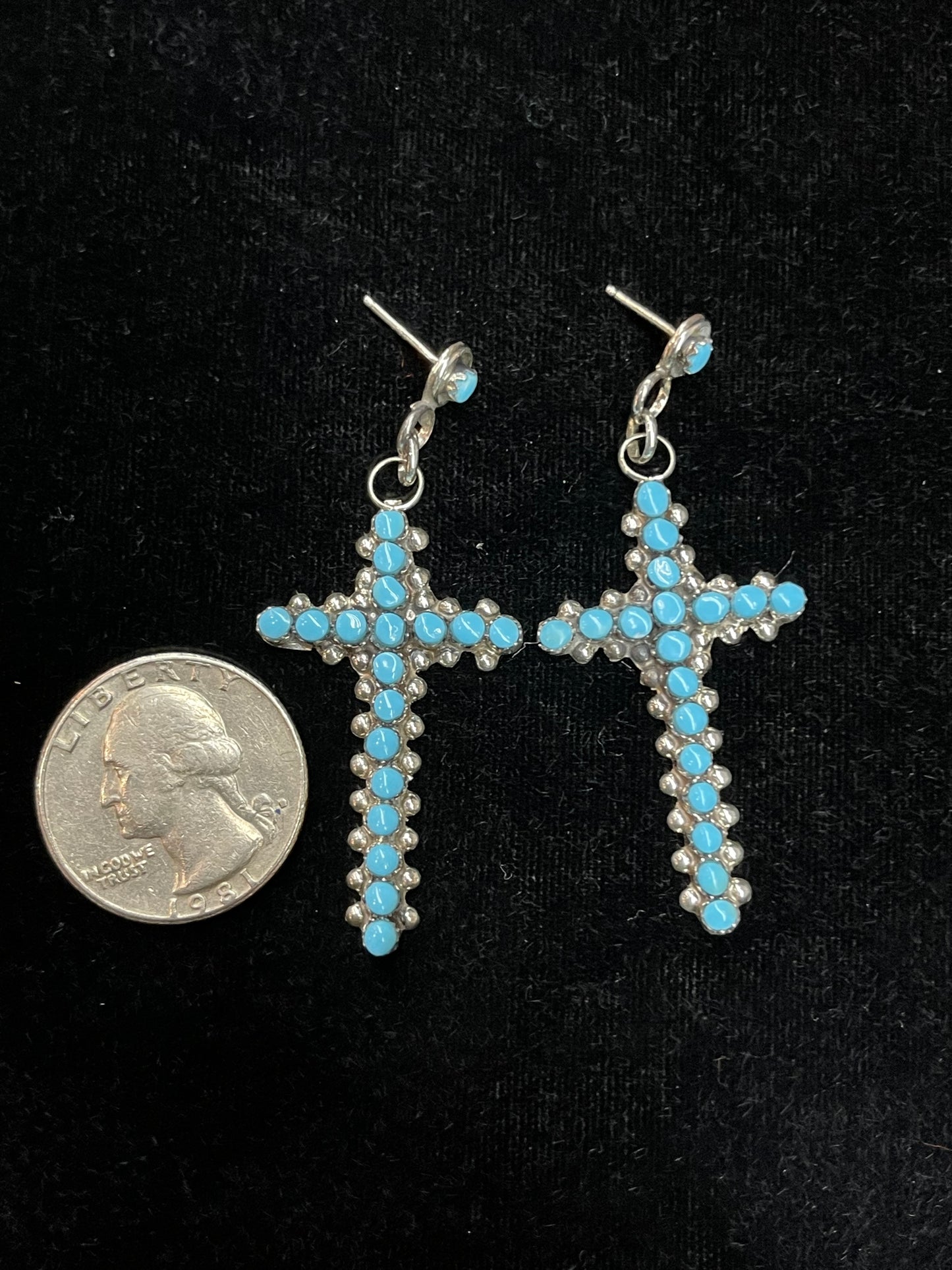 Turquoise Cross Dangle Earrings by Marion Quam, Zuni