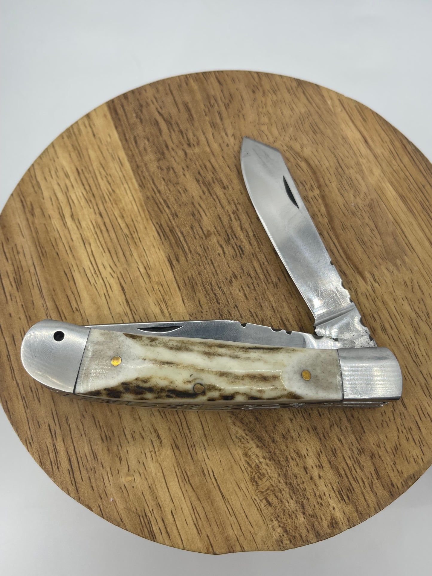 Antler Handle 2 Blade Trapper Folding Knife With Leather Sheeth