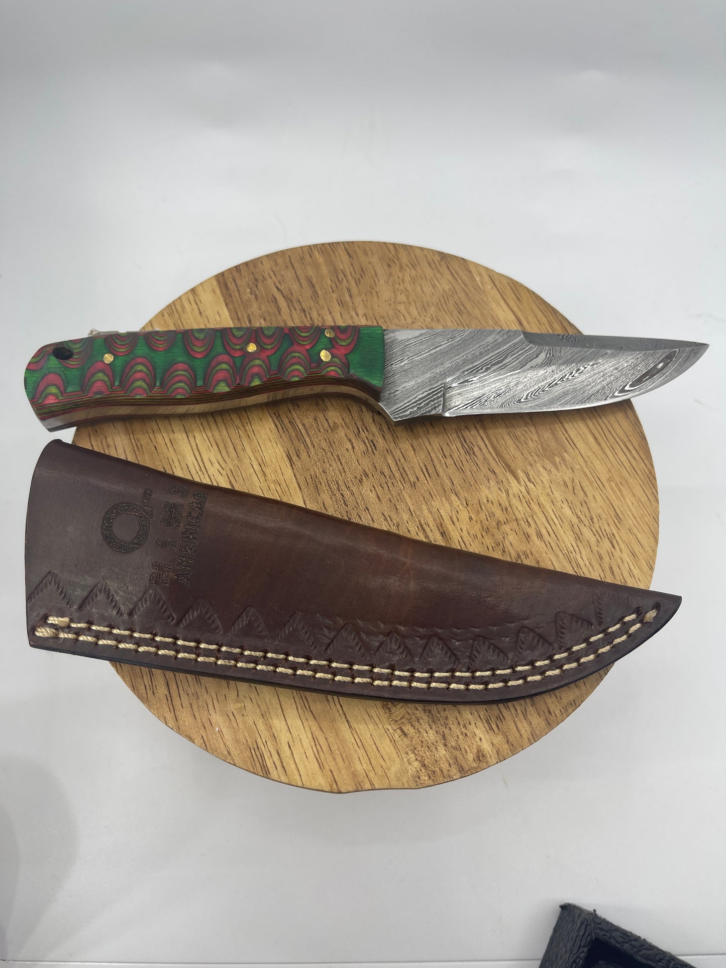 Damascus Blade With Wood Handle and Leather Sheath, USA Made