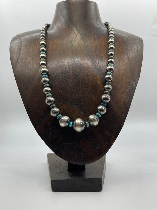 20" 5mm-16mm Graduated Navajo Style Pearl Necklace With Turquoise