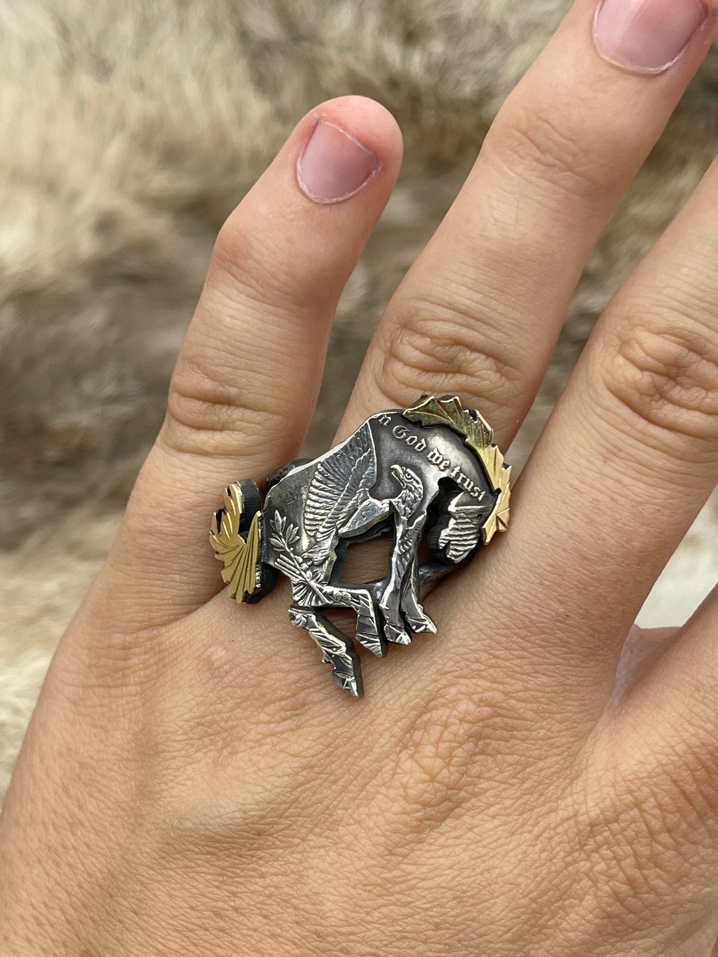 Adjustable 11.0-14.0 Bad Bronc Buckin’ Horse Ring from Silver Dollar Coin & 14K Gold Mane & Tailby Bad Bronc