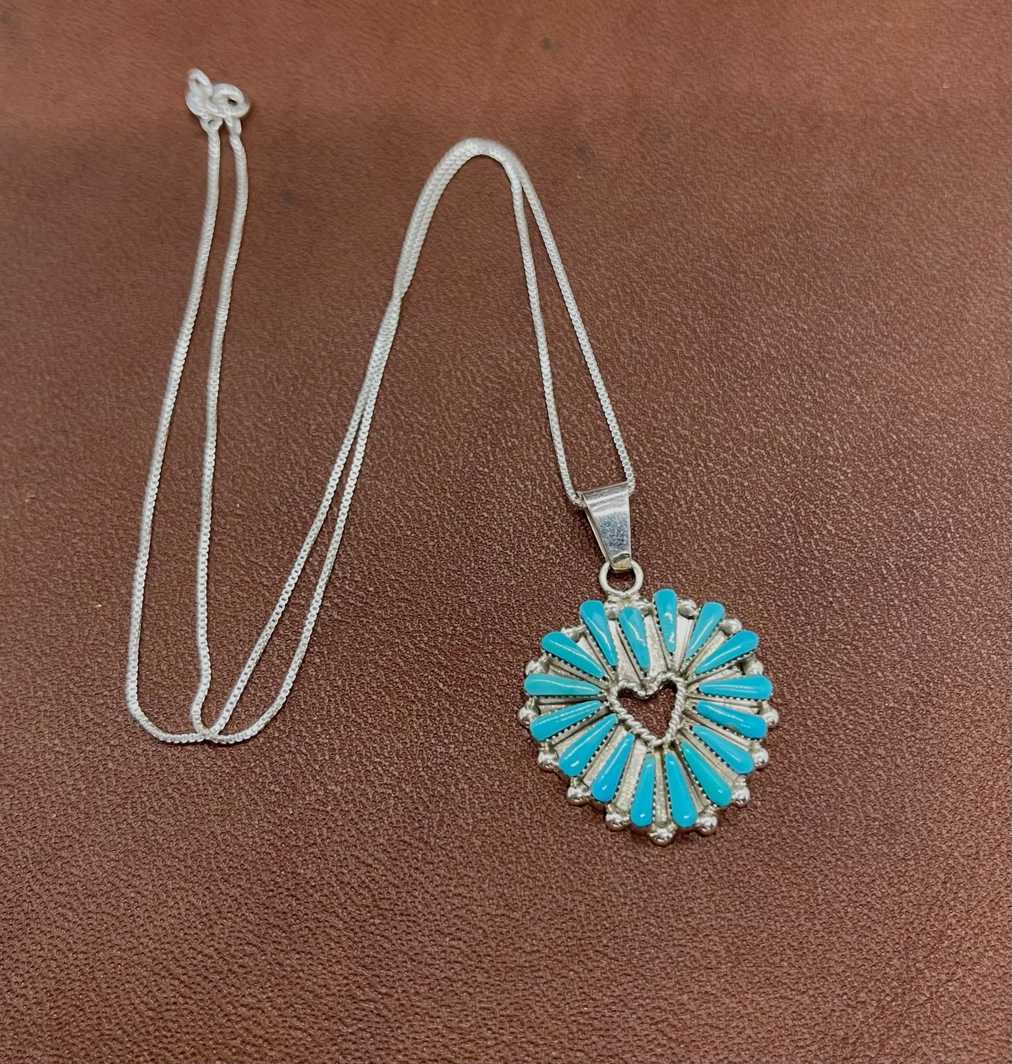 16" Turquoise Needlepoint Heart Necklace by Rebecca B. Laate, Zuni