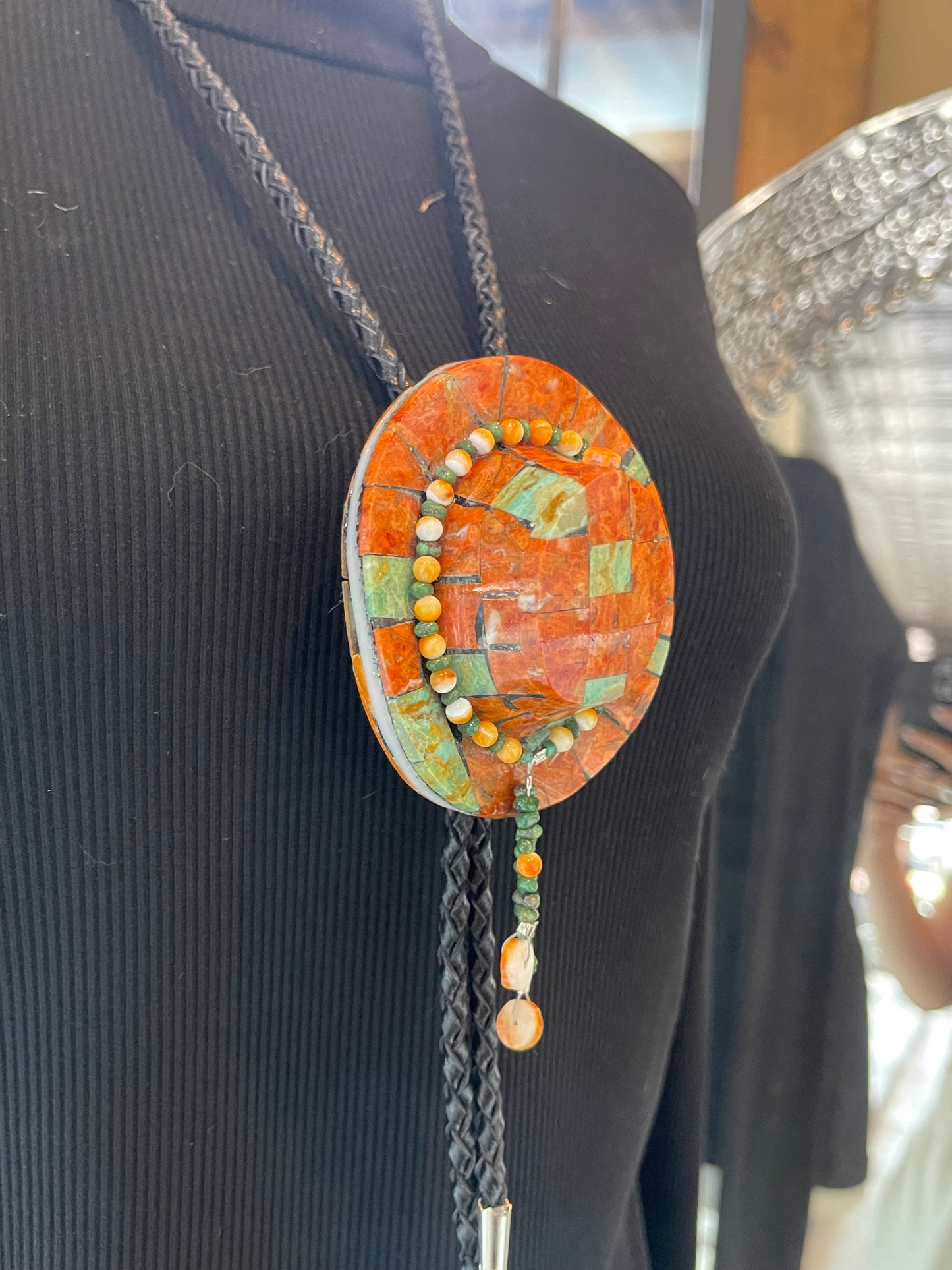 Orange Coral With Turquoise Cowboy Hat Bolo Tie by Jolene Bird, Santo Domingo