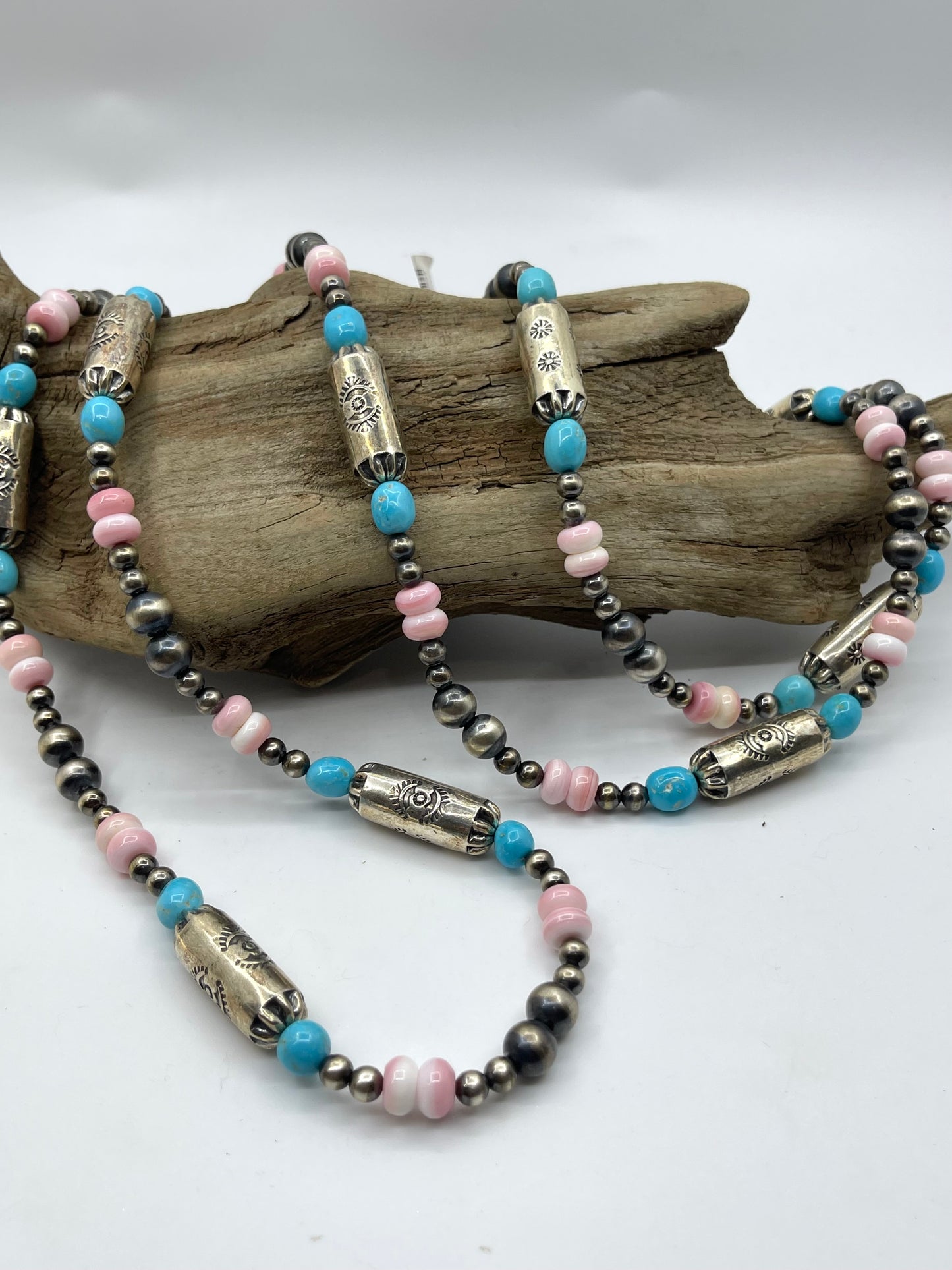 58" Pink Conch Shell and Sleeping Beauty Nugget Necklace with Navajo Style Pearls