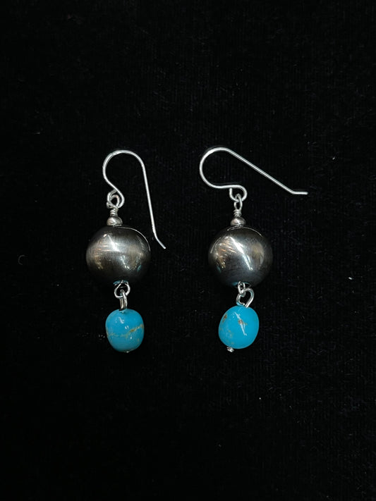 12mm Silver Pearl with Turquoise Nugget Dangle Earrings