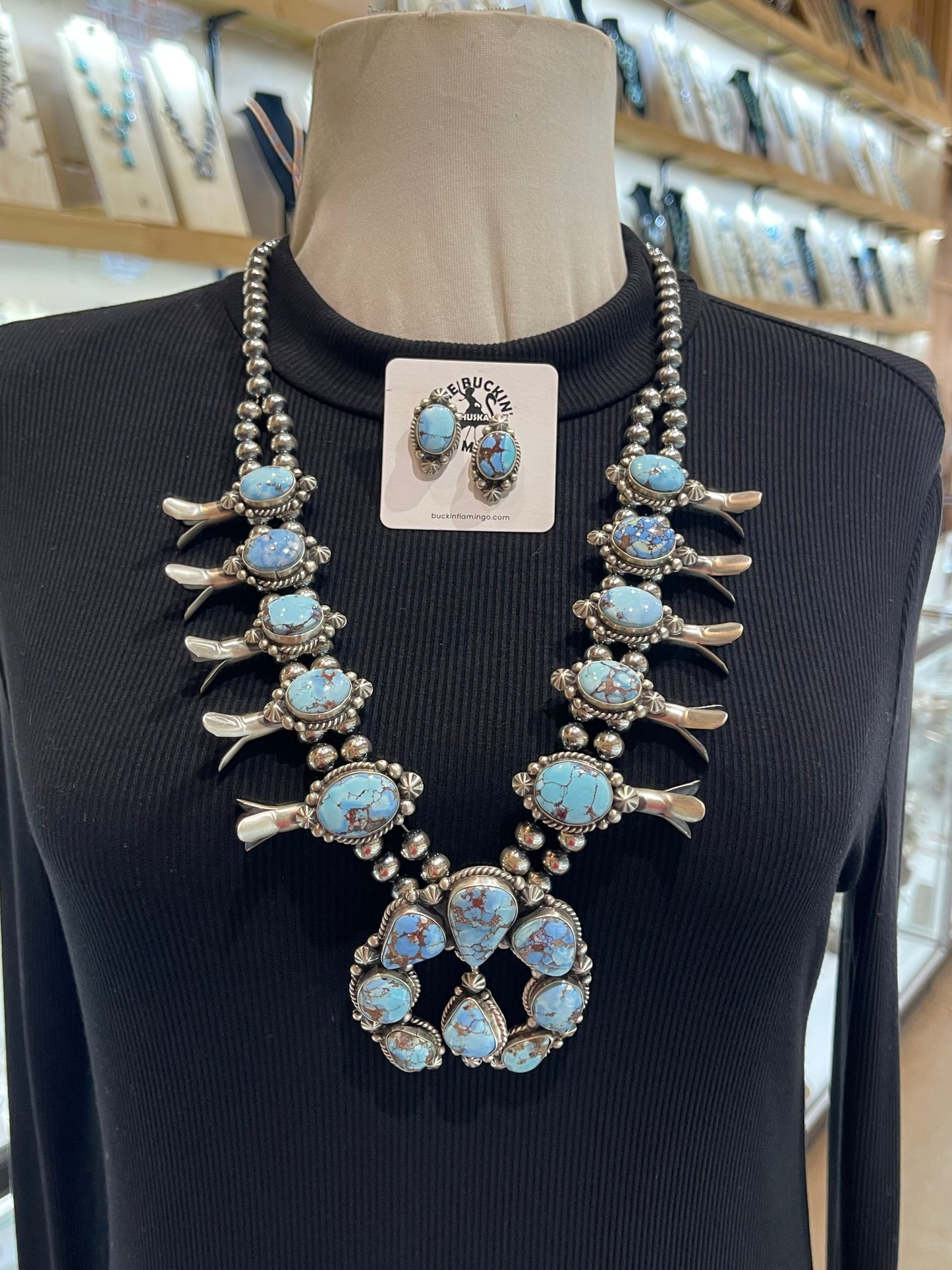 26" Golden Hills Squash Blossom with Earrings by Elouise Kee, Navajo
