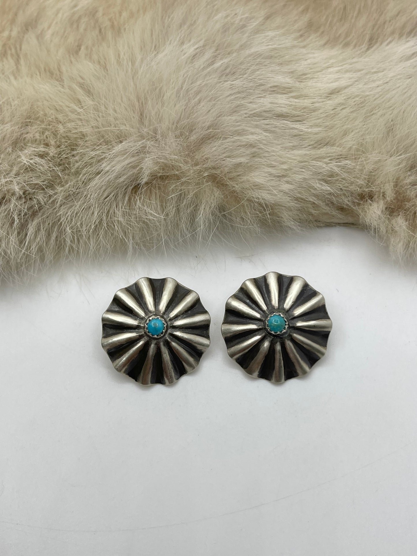 Ribbed Concho Post Earring with Turquoise by Arlene Soce, Navajo