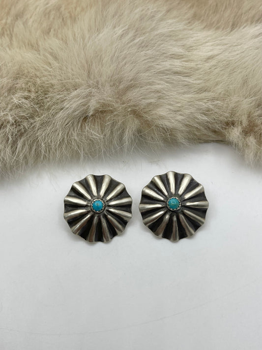 Ribbed Concho Post Earring with Turquoise by Arlene Soce, Navajo