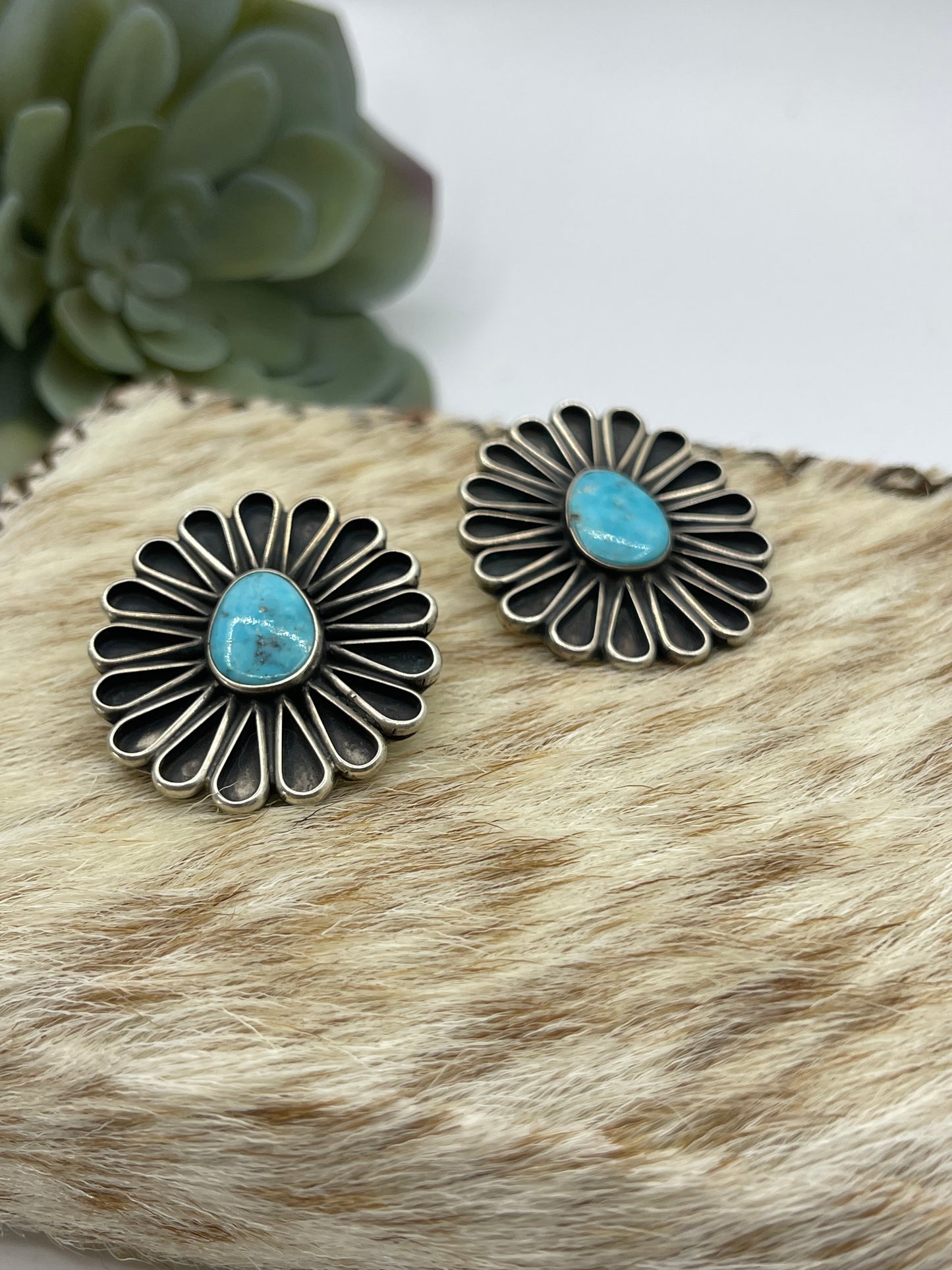 Turquoise Fan Flower Blossom Earrings by Geraldine James, Navajo