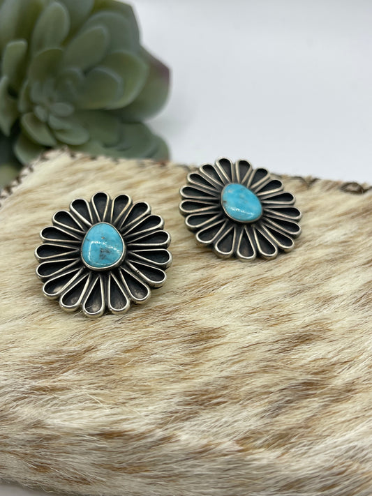 Turquoise Fan Flower Blossom Earrings by Geraldine James, Navajo