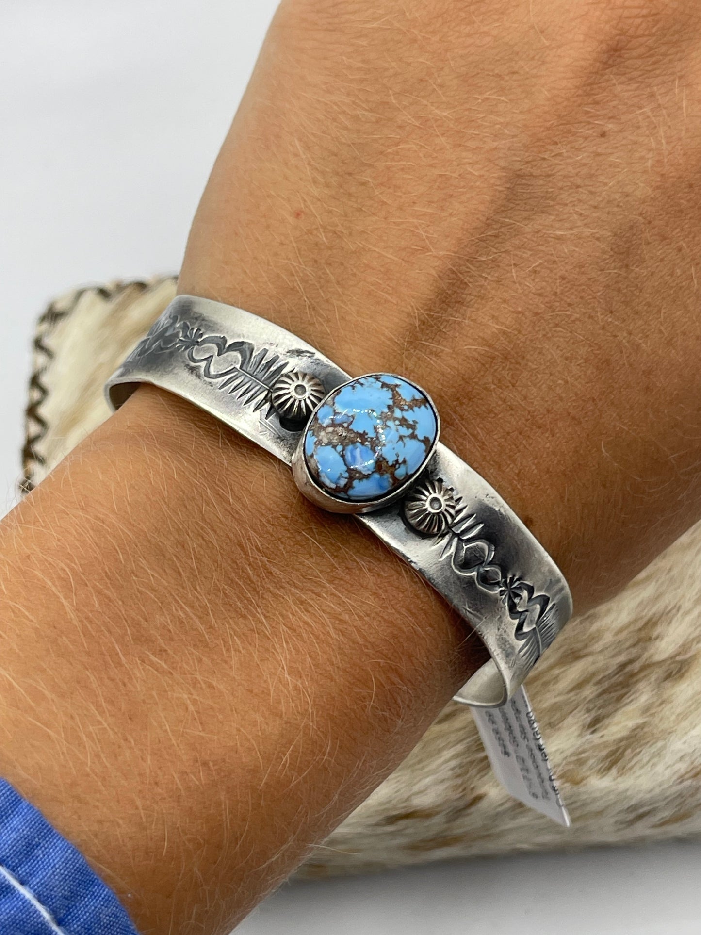 Golden Hills Turquoise Stamped Cuff by Jeff largo, Navajo