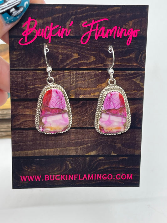 Orange and Pink Dahlia Dangle Earrings by Gabi Jim, Navajo