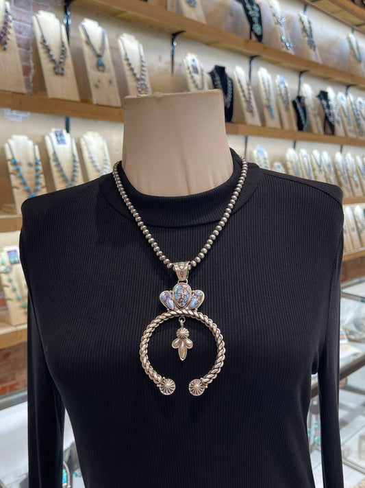 20” 6mm Navajo Style Pearls 3 Stone Golden Hills Turquoise Naja Pendant by Derrick Gordon, Navajo