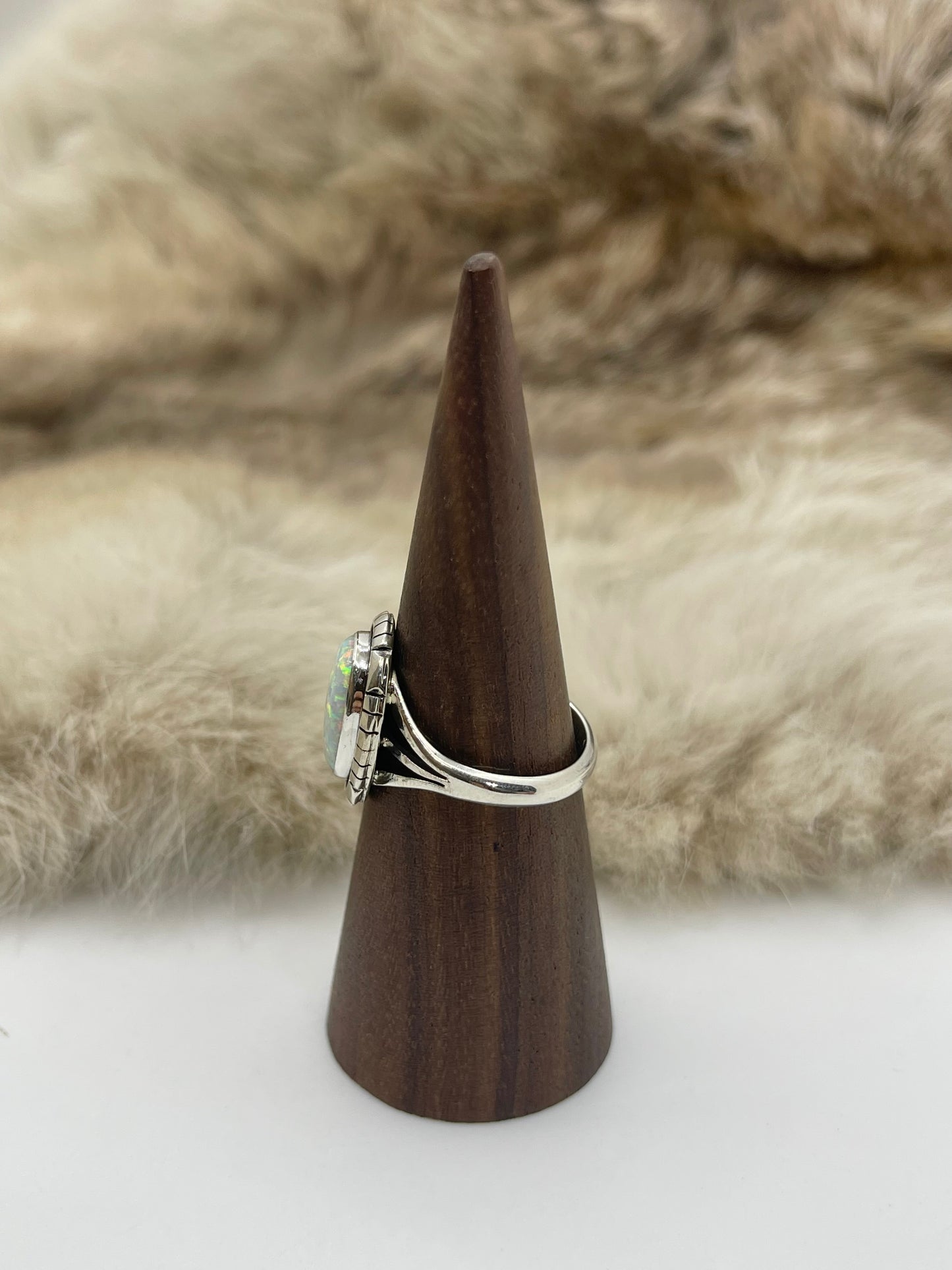 8.0 White Opal Ring by Amos Begay, Navajo
