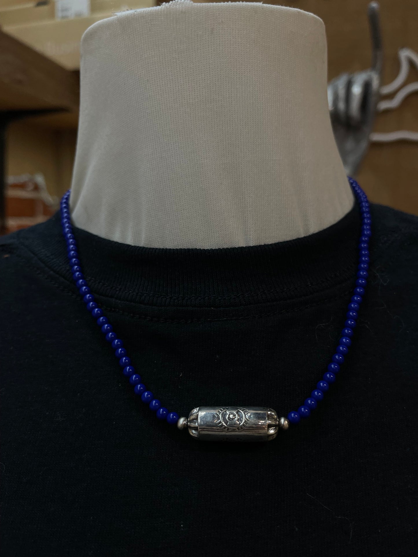 18" 4mm Lapis with Silver Stamped Barrel Necklace