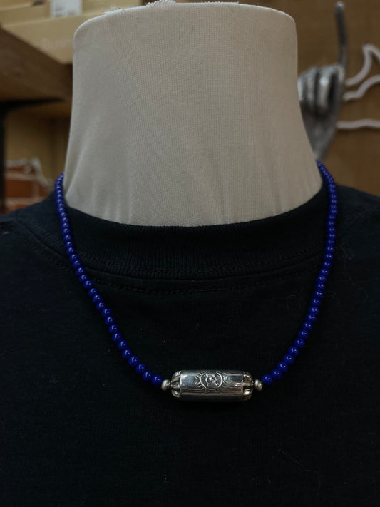 18" 4mm Lapis with Silver Stamped Barrel Necklace