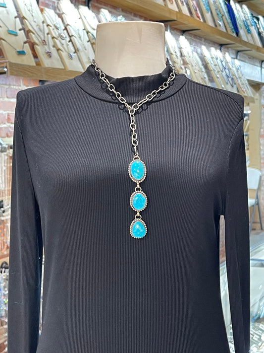 3 Stone Sonoran Blue Turquoise Lariat Style Necklace by Delbert Secatero, Navajo